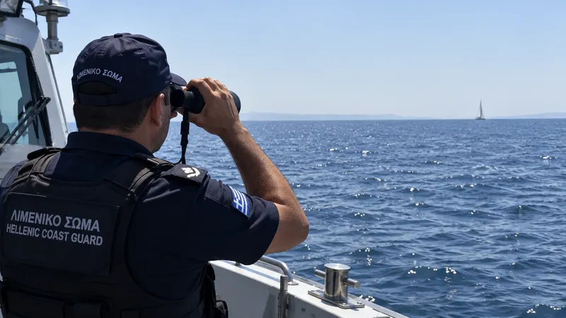 A Hellenic Coast Guard officer scanning the horizon for the Asteria