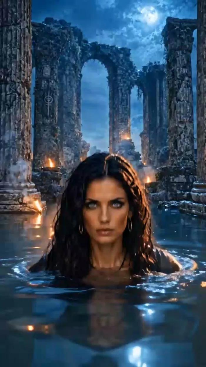 Talia rising through water among moonlit ruins, close on her face