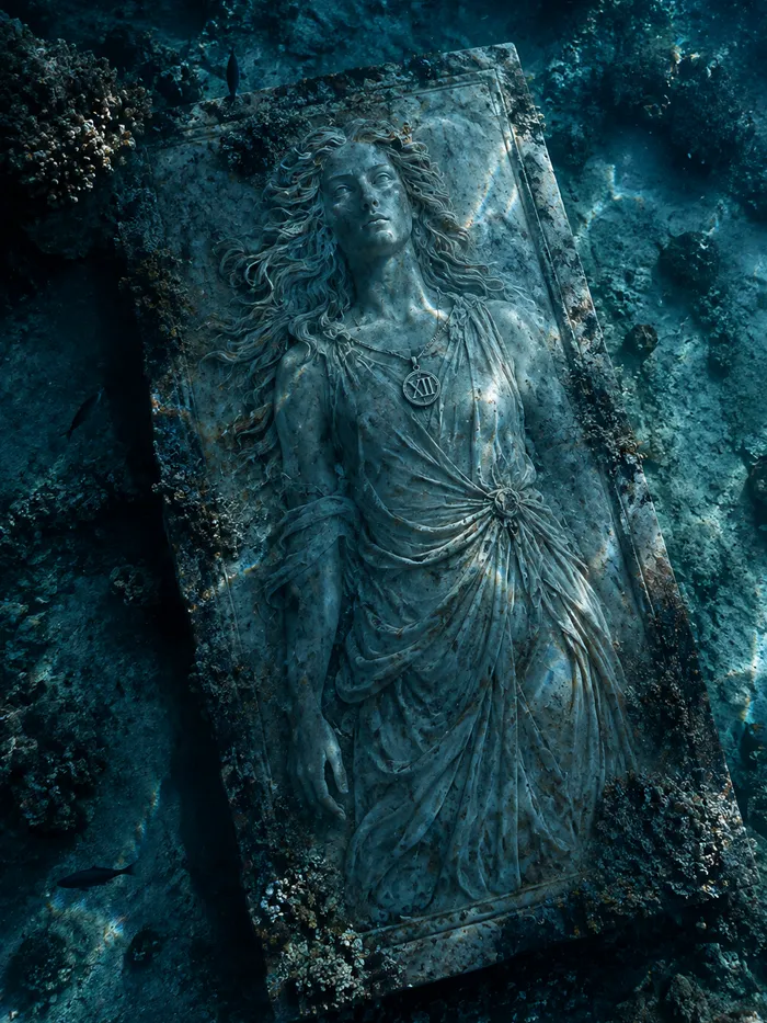 Talia carved in stone, underwater among ancient ruins