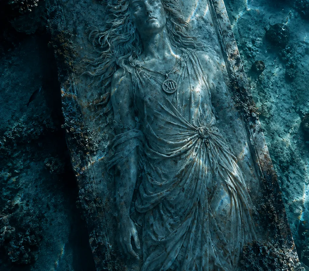A carved stone relief of a woman, half-buried underwater among ancient ruins, an XII medallion around her neck.