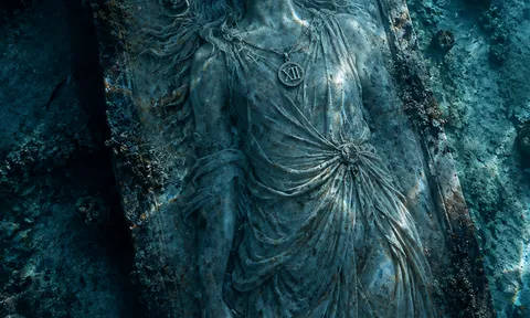 A carved stone relief of a woman, half-buried underwater among ancient ruins, an XII medallion around her neck.