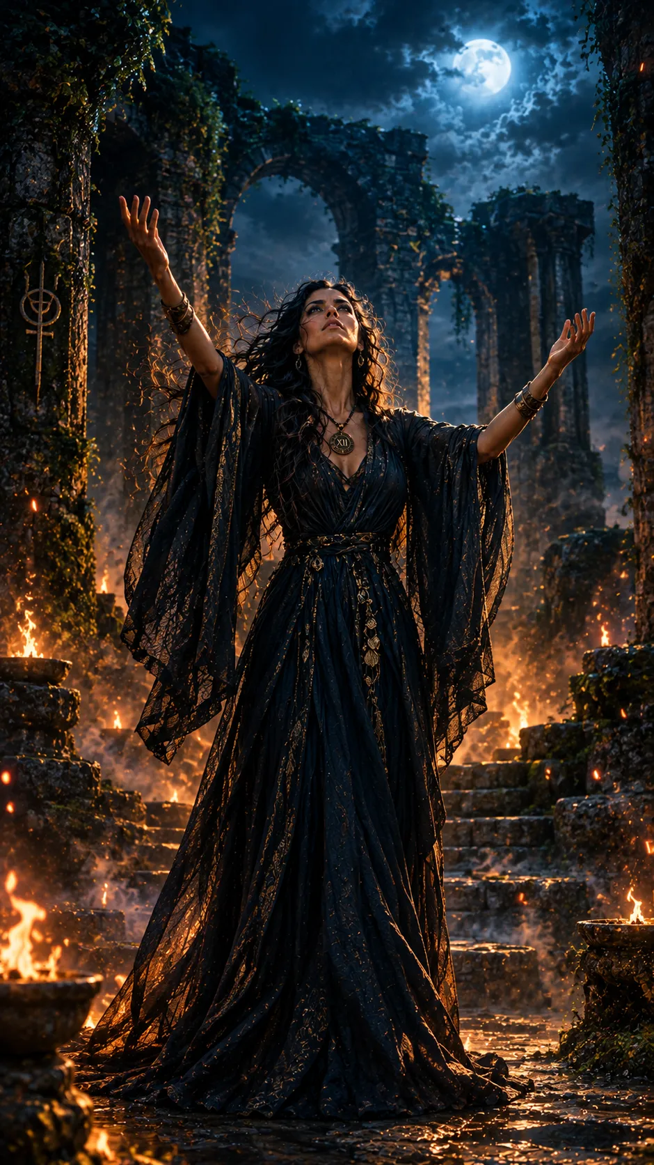 Talia, arms raised amid firelit ancient ruins beneath a full moon