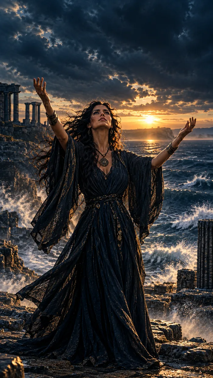 Talia standing on a storm-lit Mediterranean coastline
